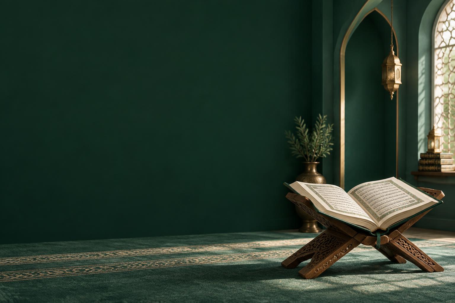 An open Quran on a wooden stand in a peaceful emerald-green room